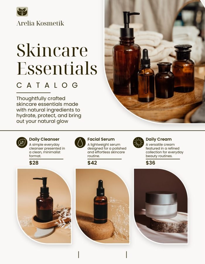 Beige Brown and Black Minimalist Skincare Essentials Catalog Leaflet